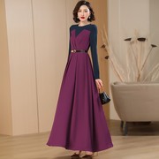 帝弗润驰2024春装，法式紫色拼接连衣裙女气质修身显瘦及踝长裙