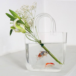 创意轻奢网红花瓶亚克力透明包包，花盆花器手提包鱼缸造景桌面摆件