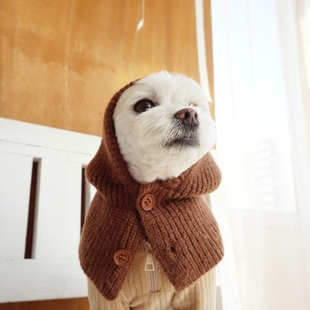 宠物秋冬保暖毛线编织帽子猫狗头套围巾衣服配饰泰迪比熊通用咖色