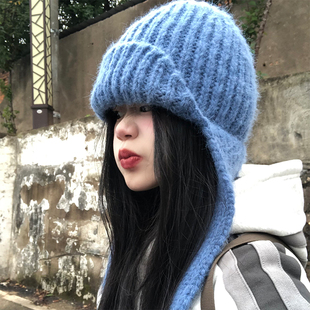 韩国ins风纯色保暖护耳针织帽子女秋冬毛线帽时尚加厚飞行雷锋帽