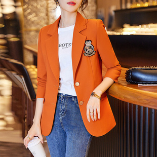 高货高级感橙色西装外套，女2024春秋设计感英伦风修身百搭西服