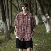 连帽七分袖粉色格子衬衫，男短袖日系工装外套半袖情侣衬衣