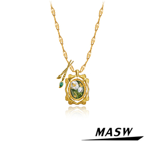 MASW麻秀原创设计新中式油画珐琅项链轻奢国潮珍珠花朵相框锁骨链