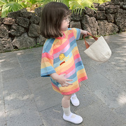 女童韩版t恤长款彩虹，上衣儿童彩色条纹，连衣裙子夏装宽松童装