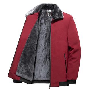 高档爸爸装翻领夹克男中老年，大红色加绒加厚保暖外套，冬季男士棉衣