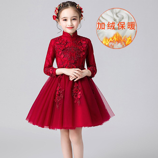 女童礼服公主裙花童，婚纱洋气儿童红色生日气质，主持演出服长袖冬季