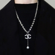 klz法式复古珍珠毛衣链高端双c字母长款项链配饰，女秋冬夸张不掉色