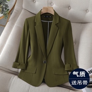棕绿色西装外套女夏季薄款高级感女士，上衣2024小个子西服短款