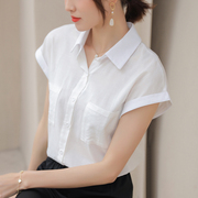 白色翻领衬衫女短袖，雪纺上衣夏2023韩版宽松小众，轻熟百搭衬衣