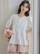 白色v领泡泡袖衬衫女夏季薄款小个子褶皱，收腰显瘦短袖上衣202