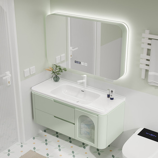 法式浴室柜陶瓷一体盆，橡木烤漆圆角卫生间，洗漱台洗手洗脸盆柜组合