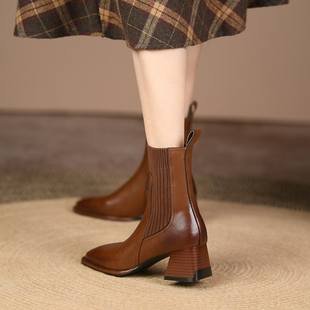 方头复古法式粗跟真皮短靴女棕色针织女靴弹力袜靴秋冬高跟及踝靴