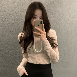 韩国chic春季法式气质圆领撞色波点网纱透视设计修身显瘦百搭衬衫