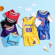 儿童衣服短袖短裤套装夏季薄款2024夏天运动假两件男女宝宝篮球服