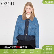 o'2nd奥蔻春季复古俏皮翻毛领拼接短款牛仔棉服外套上衣