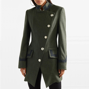 欧美冬季毛呢大衣，墨绿色立领军装风侧边单排扣修身中长款外套