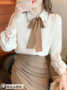 娃娃领系带长袖雪纺衬衫，女春装2024年春季蝴蝶结洋气显瘦上衣