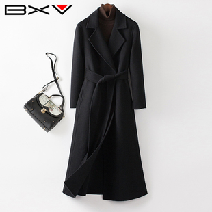 BXV山羊绒大衣女黑色双面羊绒外套2024春季双面呢高端品牌潮