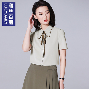浅绿色短袖系带雪纺衬衫女2023夏法式高级设计感职业温柔上衣