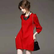 欧洲站春秋欧货长袖，连衣裙大红色灯笼裙，宽松短裙复古礼服气质原创