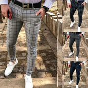 Men's Mid Waist Casual Checkered Feet Pants休闲格子小脚裤男