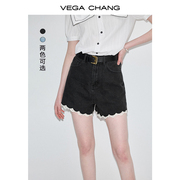 VEGA CHANG牛仔裤女2024年夏季复古时髦设计感蕾丝花边短裤