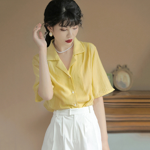 柔软细腻~原创复古黄色通勤宽松薄款短袖气质女衬衫夏季透气上衣