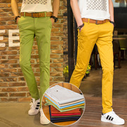 夏季薄款黄色男士休闲裤，绿色韩版修身小脚，显瘦纯棉弹力彩色长裤子
