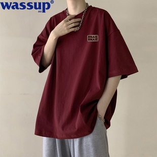 WASSUP BEE酒红色纯棉短袖t恤男2024夏季重磅大码ins潮流上衣