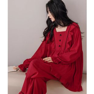 贝妍春秋红色女睡衣莫代尔棉长袖家居服韩版大码公主风套装本命年