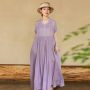 紫色浪漫蔷薇手绣苎麻连衣裙