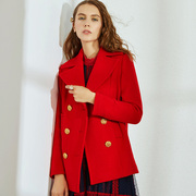 西装领双排扣羊毛毛呢，外套女春装，复古风大红色保暖外搭短大衣