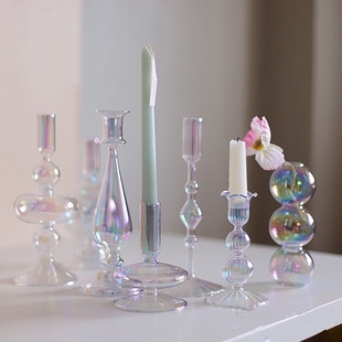 北欧浪漫复古欧式玻璃极光色烛台轻奢婚庆餐桌台式水晶装饰摆件