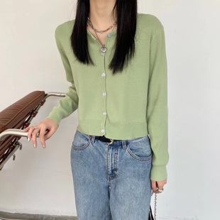 元气少女chic薄荷绿毛衣外套，2020软糯糖果色，针织衫短款淡绿色开衫