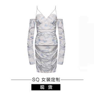 SQ 连衣裙女2024夏季法式白色印花设计感小众吊带裙女