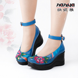 纳妮雅原创中国风女鞋民族厚底坡跟真皮单鞋浅口圆头优雅气质中年