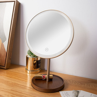 木质化妆镜led带灯三色补光美妆镜圆形旋转卧室，桌面台式梳妆镜子