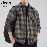 jeep吉普长袖衬衫男士春季潮流，日系格子上衣服工装，复古衬衣外套男