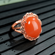 南红玛瑙戒指开口女可调节s925银樱桃红宫廷风复古指环中国风首饰