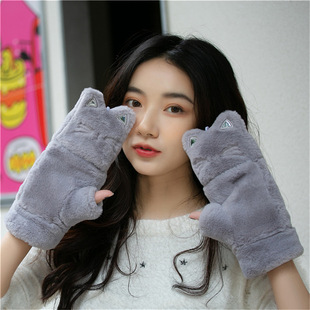 女士冬季手套加绒加厚防风保暖手套卡通学生猫咪手套翻盖半指手套