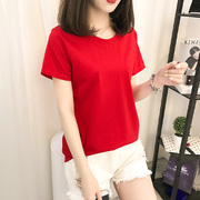 红色t恤女短袖夏装2023韩版宽松百搭学生纯棉半袖上衣服ins潮
