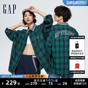 Gap男女装春季2024LOGO翻领格纹衬衫宽松休闲长袖上衣877589