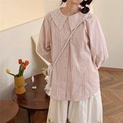 复古法式少女刺绣灯笼袖，娃娃领衬衫春季气质灰粉色内搭叠穿上衣