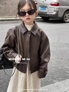 韩版儿童上衣23秋冬女童复古pu皮衣加厚夹克衫短款帅气皮衣外套