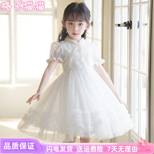 女童旗袍裙夏装白色新中式，儿童生日礼服公主裙女孩，泡泡袖连衣裙子