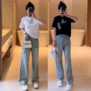 新中式国风漂亮套装夏季短袖t恤圆领上衣女，洋气时尚两件套牛仔裤