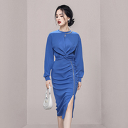 蓝色系套装裙女长款开衩拉链设计感卫衣韩系运动服秋季裙装两件套