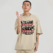 WASSUP国潮牌美式复古英文印花短袖T恤男夏季纯棉卡其色上衣