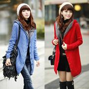 秋冬韩版女装加绒加厚麻花，修身带帽中长款针织衫毛衣开衫外套