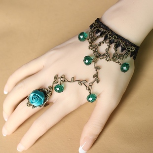 蕾丝绿色手花红色儿童，礼服手部饰品手链戒指一体，夸张演出手背链